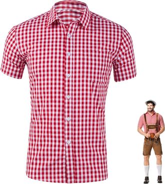 Generic Mens Oktoberfest Costume Traditional Checked Shirt Long Sleeve Bavarian Outfit Slim Fit Top with Button Front and Chest Pocket for German Beer Fest Fu