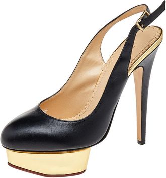 Charlotte Olympia Black Leather Dolly Platform Slingback Pumps