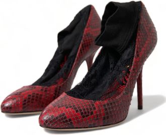 Dolce & Gabbana Womens Red Ayers Leather Lace Socks Pumps Shoes Black And