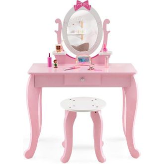 Costway Set Toeletta per Bambini 2 in 1, Set Tavolo da Trucco in Legno per Bambini con Sgabello, Specchio, Pettine per Bambini, Ideale per Bambini
