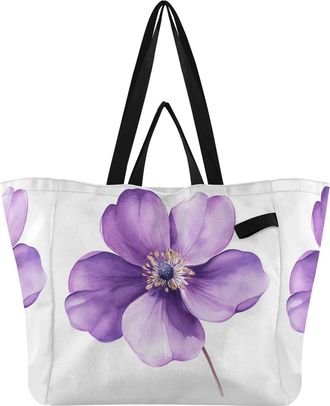 Generic White Horse Blue Purple Blossom pattern Reusable Canvas Tote Bag, Heavy Duty Grocery Shopping Bag with Hard Bottom Double Handles Large Capacity Work 