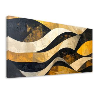 Feeby Cuadro Sobre Lienzo, Abstracci&oacute;n L&iacute;neas Formas Amarillo Negro Dorado, 120x60