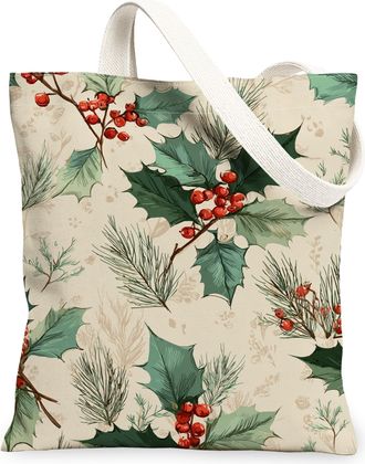 Generic Christmas Holly Canvas Tote Bags, Floral Pattern Reusable Shopping Bags, Winter Vintage Lightweight Washable Shoulder Strap Canvas 13x15 Inch
