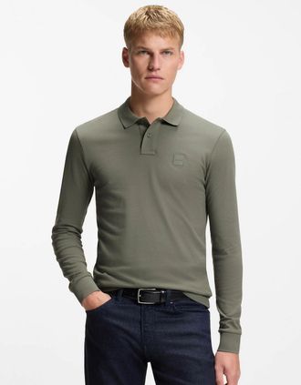 HUGO BOSS Mens BOSS Orange Passerby Mens Long Sleeve Stretch-Cotton Polo Shirt with Logo Patch - Open Grey 076 - Tan - Size: 40