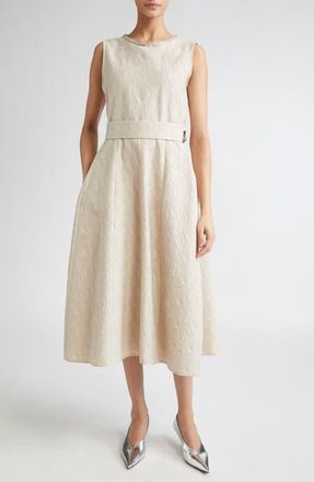 Max Mara Carmen Leaf Jacquard Belted Midi Dress in Ecru at Nordstrom, Size 12