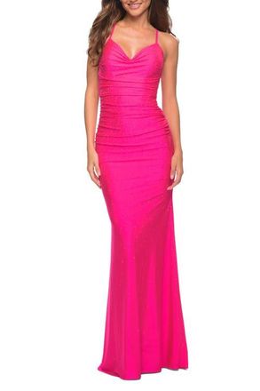 La Femme Sparkle Rhinestone Long Jersey Prom Dress in Neon Pink at Nordstrom, Size 10