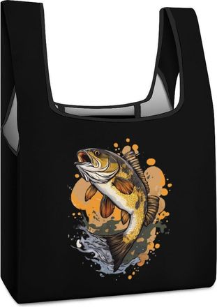 Generic Bass Fish Jumping Reusable Shopping Bags Lightweight Foldable Grocery Bag Polyester Washable Tote Bag