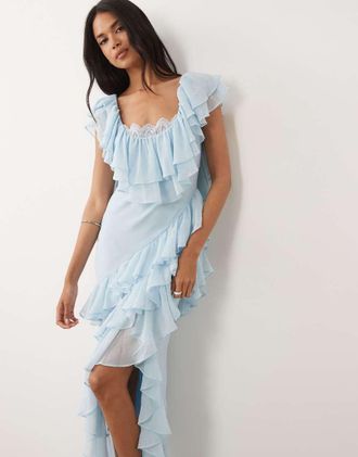 Asos Vestito lungo blu crepuscolare con volant e finiture in pizzo