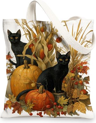 Generic Cat Canvas Tote Bags, Autumn Harvest Pattern Reusable Grocery Bags, Vintage Rustic Lightweight Washable Shoulder Strap Canv, Black, 13x15 Inch