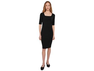 Mod-o-doc Elbow Sleeve Below The Knee Ruched Dress Womens Dress Black : LG (US 12-14), Cotton/Modal/Spandex