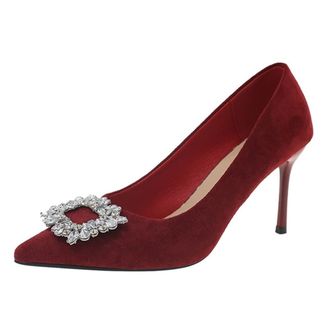 Generic Womens Stiletto High Heel Pumps Velvet Rhinestones Buckle Pointed Toe Office Dressy Wedding Shoes Slip On (Red,5.5)