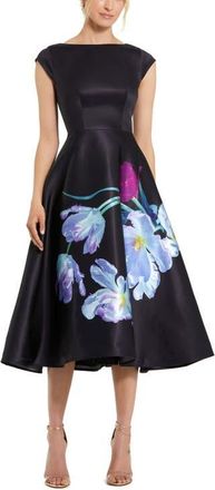 Mac Duggal Petite Satin Cap Sleeve Midi Dress With Floral Print in Black Multi at Nordstrom, Size 16P