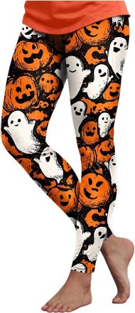Generic Halloween Leggings Womens Pumpkin Ghost Skull Scary Print High Elasticated Waistband Costume Leggings Ankle Elastic Tights Full Length Fancy Pant in P