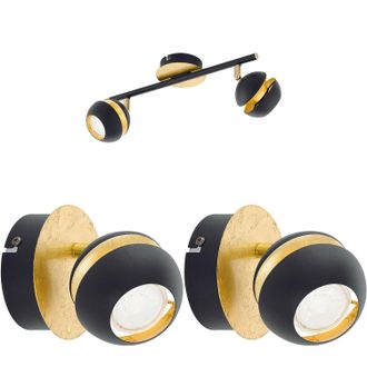 Loops Twin Ceiling Spot Light & 2x Matching Wall Lights Black & Gold Adjustable Shade