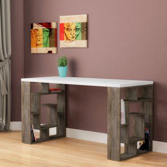 Decortie Decortie - Labirent Modern Desk With Bookshelf Legs - White / Dark Coffee - Dark Coffee