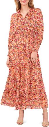 Chaus Floral Smocked Waist Long Sleeve Tiered Midi Dress in Peach/multi at Nordstrom, Size X-Large