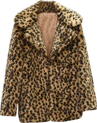 Generic Ladies Winter Casual Leopard Print Long Sleeve Lapel Mid-length Loose Faux Coat Girls Fleece Vest
