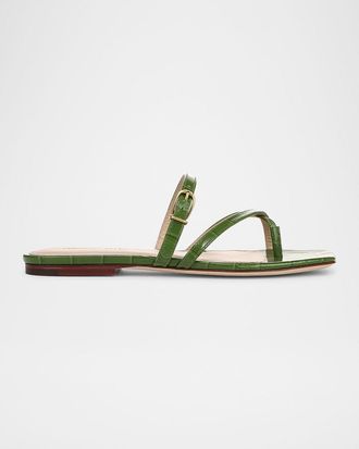 Veronica Beard Marthe Croco Crisscross Buckle Flat Slide Sandals