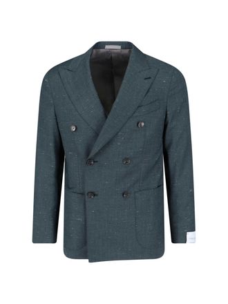 Caruso Green Double-Breasted Textured Silk-Wool Blazer