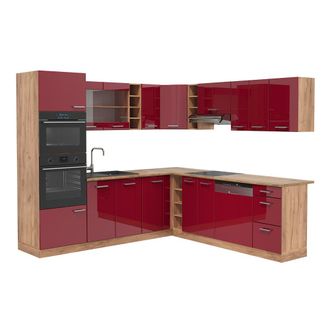 Vicco Cocina Esquinera R-line, Burdeos Brillo Intenso/roble Dorado, 237 X 247 Cm, Et Roble