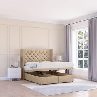 Sloomy Dior Conistan Fabric Ottoman Bed End Opening With Sprung Memory Mattress & 54 Inch Floorstanding Headboard With Wings | Size: Super King
