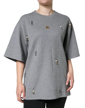 Dolce & Gabbana Embellished Cotton Blend T-Shirt - Gray