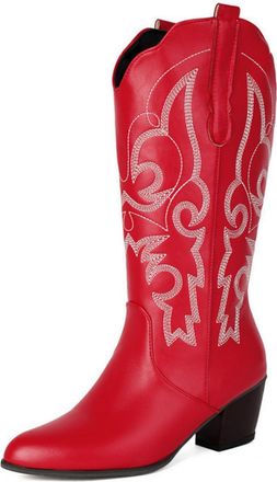 Generic Womens Pull on Mid-Calf Boots Round Toe PU Leather Long Boots Chunky Heel Western Cowboy Boot with Embroidery Stitched,Red,5.5 UK