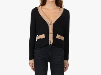 Autumn Cashmere Fringed Trimmed V Neck Jacket In Black Combo