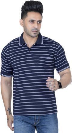 ACTIVEWEAR Striped T-Shirt for Men Short Sleeve Contrast Collar with Pocket 100% Polyester Casual Tops Size S to XXL, Multicolor (XXL, Navy)