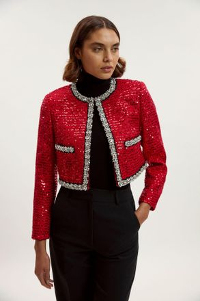 Karen Millen Womens Sequin Tweed Embellished Cropped Tailored Jacket - Red - Size 12 UK
