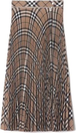 Burberry Wool Blend Check Plooirok - Dames - Midirokken - Bruin - 4XS - Wol - Rokken