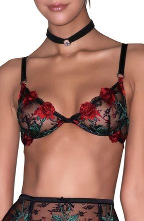 Fleur du Mal Bleeding Rose Embroidered Underwire Demi Bra in Black at Nordstrom, Size 34D