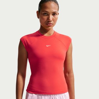 Nike Womens Nike Sportswear Chill Knit Tight Short-Sleeve Ribbed Top in Red | IF0242-696