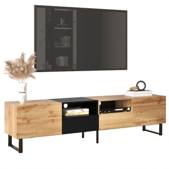 STILVORA Mueble Tv Con 2 Puertas Y 2 Cajones, Gu&iacute;as 30 Cm, Estilo Moderno, Sal&oacute;n, 190&times;38&times;48 Cm, En Mdf, Negro Y Madera Natural