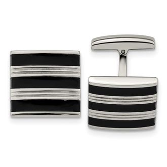Diamond2Deal Stainless Steel Polished Grooved Black Rubber Stripes Cufflinks