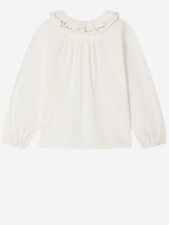BONPOINT Girls Cotton Shirt With Ruffled Collar - White Organic Blouses And