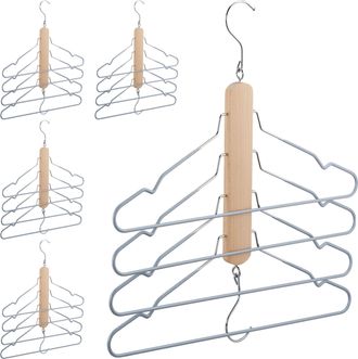 Relaxdays Set 5 Perchas Ahorra Espacio Con Varilla Pantalones, 4 Colgadores Madera Y Metal, Antideslizantes, Natural Y Gris