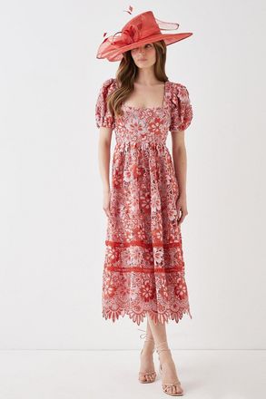 Coast Square Neck Lace Dress With Puff Sleeve