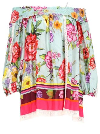 P.A.R.O.S.H. Off-the-Shoulder Floral Print Blouse with Voluminous Sleeves