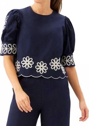 Karen Kane Embroidered Blouson Sleeve Scallop Top In Navy