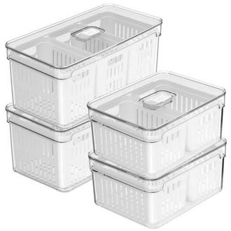 Ou Clear Stackable Fridge Organizer Bin with Drain Basket and Vented Lid, 4 Pack in Clear With White Drainer at Nordstrom