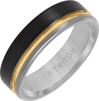 Triton 6.5MM Tungsten Carbide Ring with Black, Yellow and Grey Tungsten Center Groove and Brushed Finish with Flat Edge in Metallic Silver at