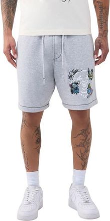 True Religion Buddha Face Big T Fleece Drawstring Shorts in Heather Grey at Nordstrom, Size Xxx-Large
