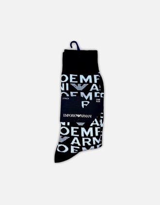 Emporio Armani Mens Cotton Black Allover Logo Knitted 2-Pack Socks - Size: 16/14.5/8/15/8.5/15.5/9/13/13.5/14/6.5/7/7.5/11.5/5/12/5.5/12.5/6/3.5/3/10