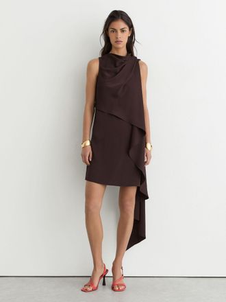 Reiss Chocolate Brown Drape-detail Layered Mini Dress, 14