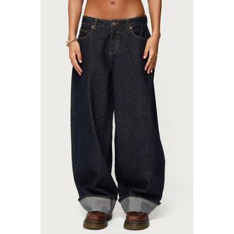 Edikted Kella Oversized Low Rise Cuffed Wide Leg Jeans in Indigo-Blue-Raw-Wash at Nordstrom, Size X-Small