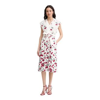 Twinset Poplin Midi Jurk met Kersenprint - Dames - Shirt Kleedjes - Wit - S - Katoen - Kleedjes