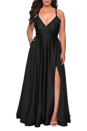La Femme Satin A-line Plus Dress with Lace Up Back and Pockets in Black at Nordstrom, Size 24W