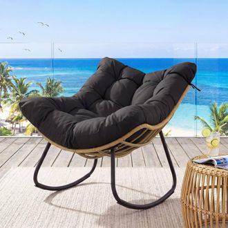 Costway Costway Outdoor Rocking Chair Oversized PE Wicker Patio Egg Chair W/ Cushion in Black