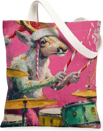Generic Christmas Animal Canvas Tote Bags, Drummer Design Reusable Grocery Bags, Festive Lightweight Washable Shoulder Strap Canvas, Peach, 13x15 Inch
